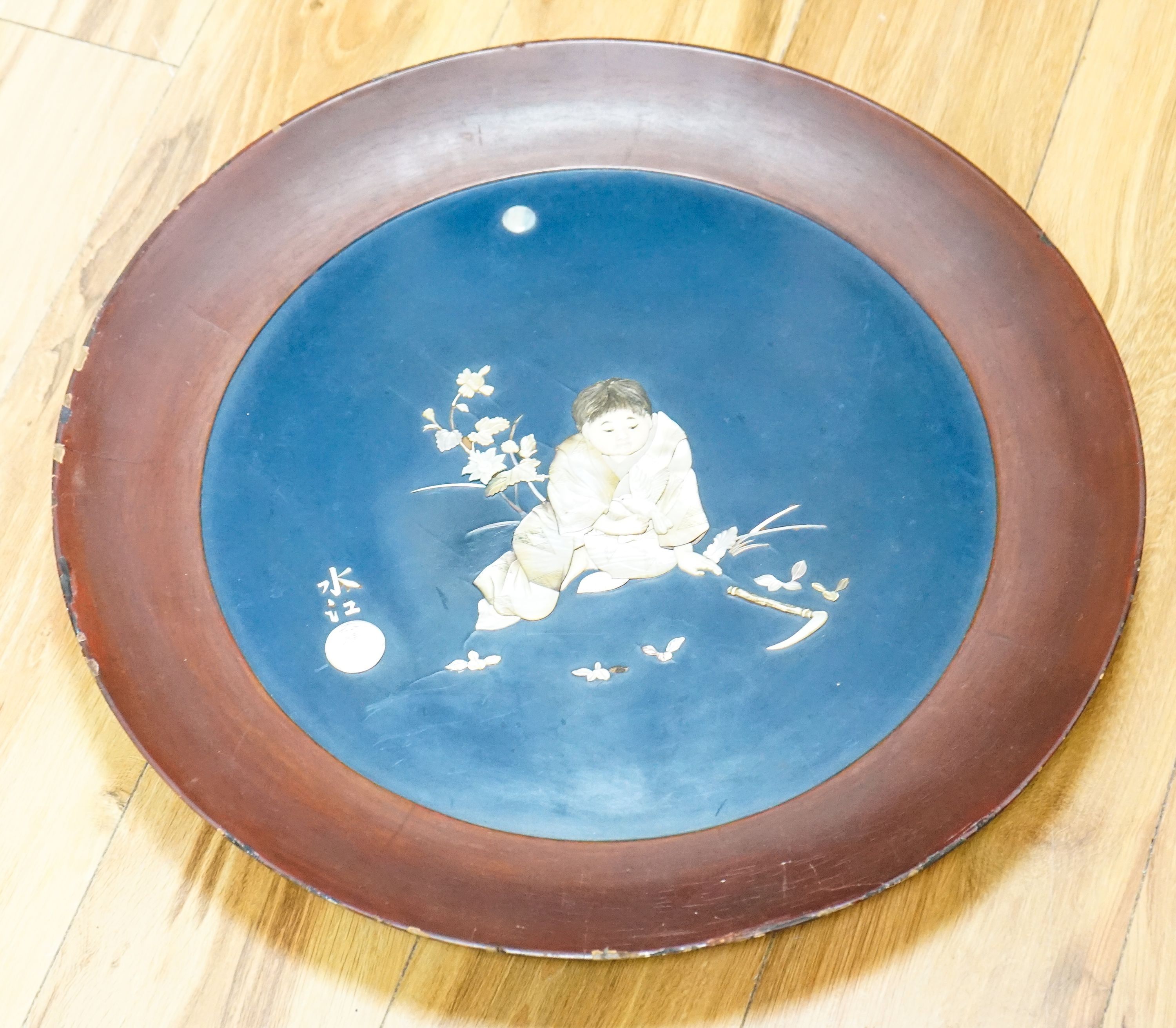 A Japanese Shibayama style charger, signed, 55cm